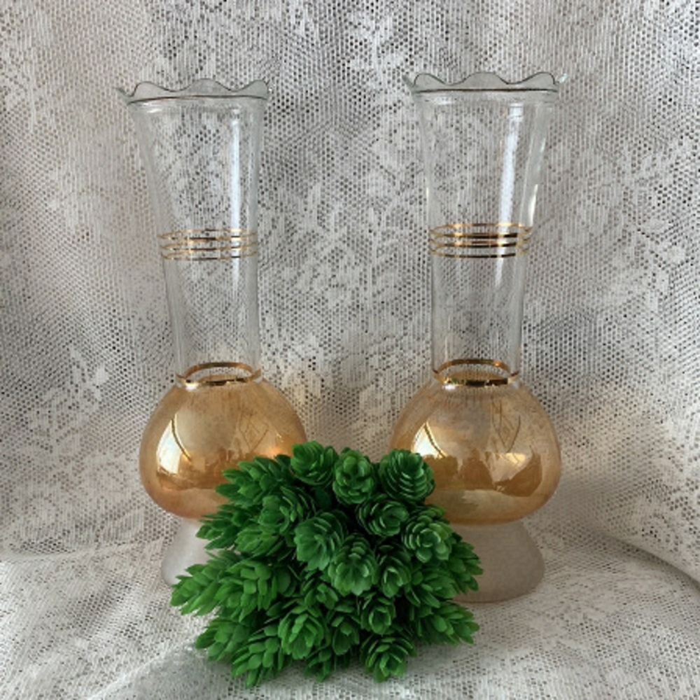 Pair of Vintage Glass Vase Iridescent Orange/gold 1950s Bartlett Collins MCM